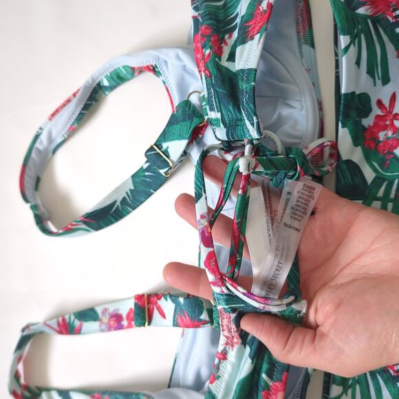 Victorias Secret Bikini Swimsuit Blue Palm Floral Underwire Demi High Rise S 34C - Picture 7 of 9